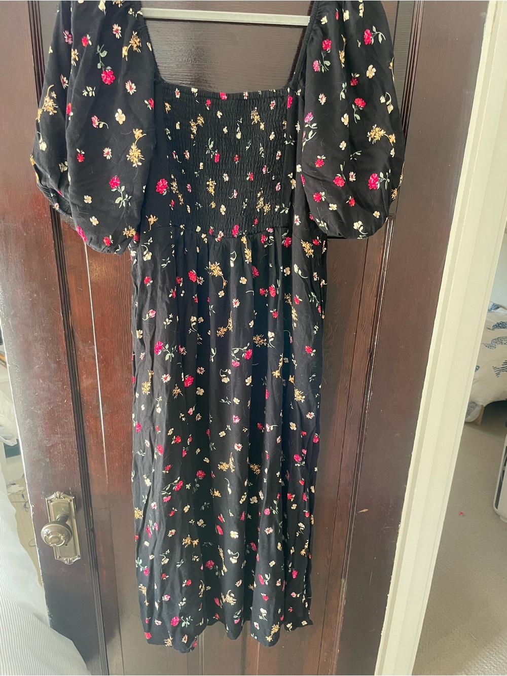 Old Navy Black Midi Dress with Pink and Gold Floral Print